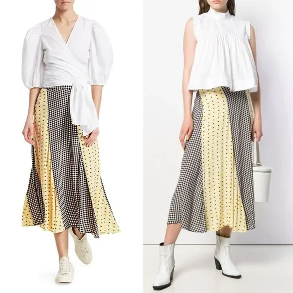 GANNI Daisy Printed Floral Crepe Paneled Maxi Skirt Gingham Yellow Flowy EU 40 - Picture 1 of 15